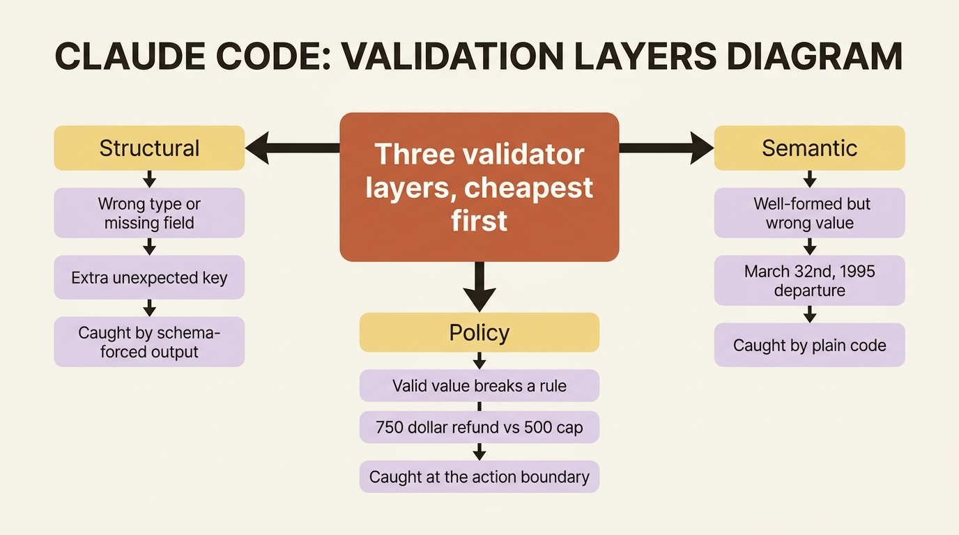 Three validator layers, cheapest first: structural catches wrong shape, semantic catches wrong value, and policy catches a valid value that breaks a business rule.