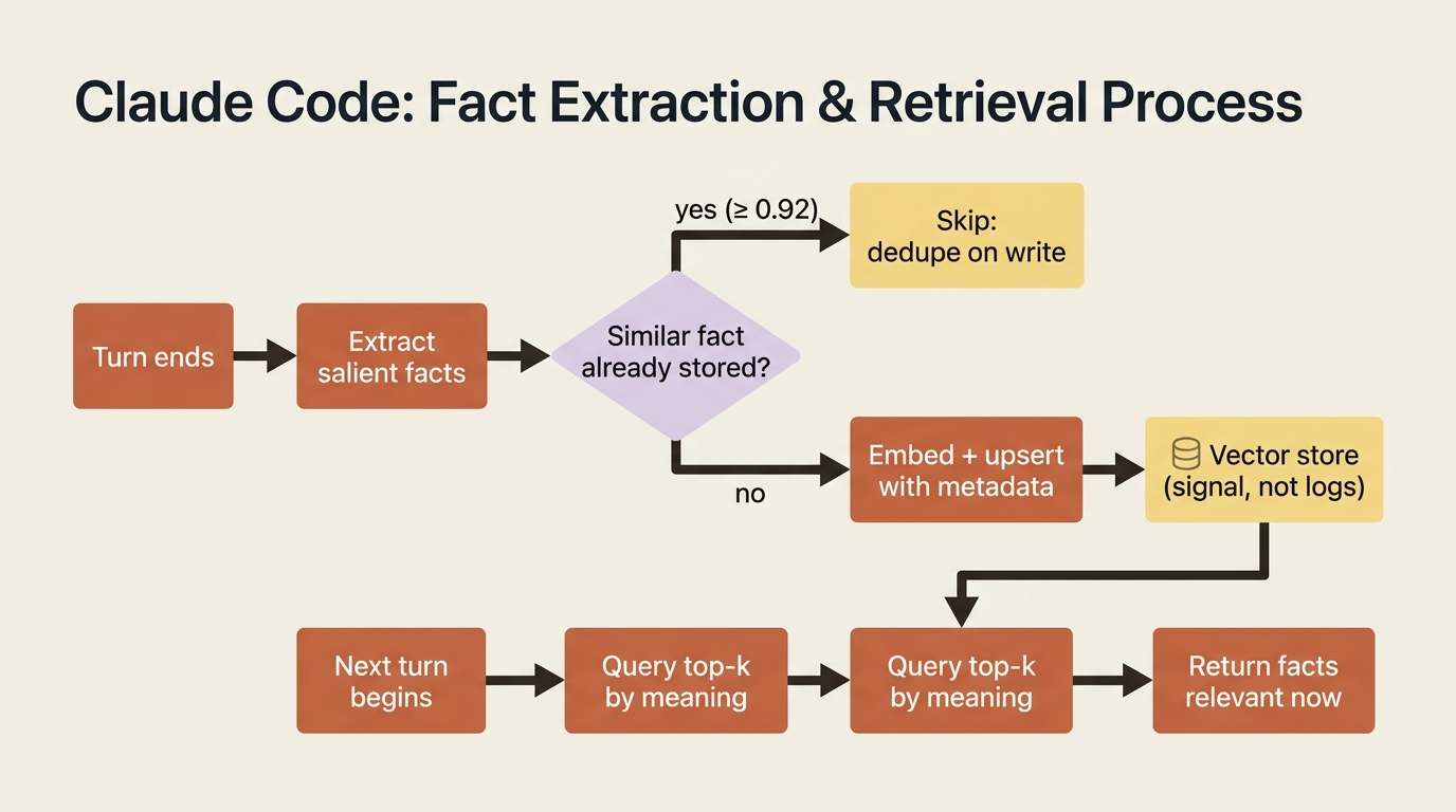 The semantic memory pipeline: extract salient facts, dedupe on write, embed and upsert, then retrieve only the top-k facts relevant to the current turn.