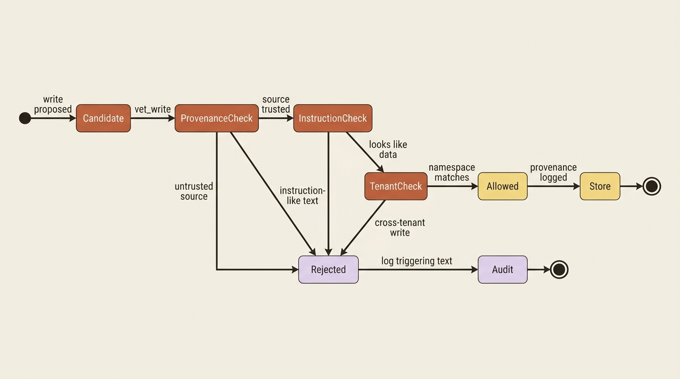 The write gate as a state machine: every candidate write passes a provenance check, an instruction-pattern check, and a tenant-scope check before it reaches the store, and rejections are logged for replay.