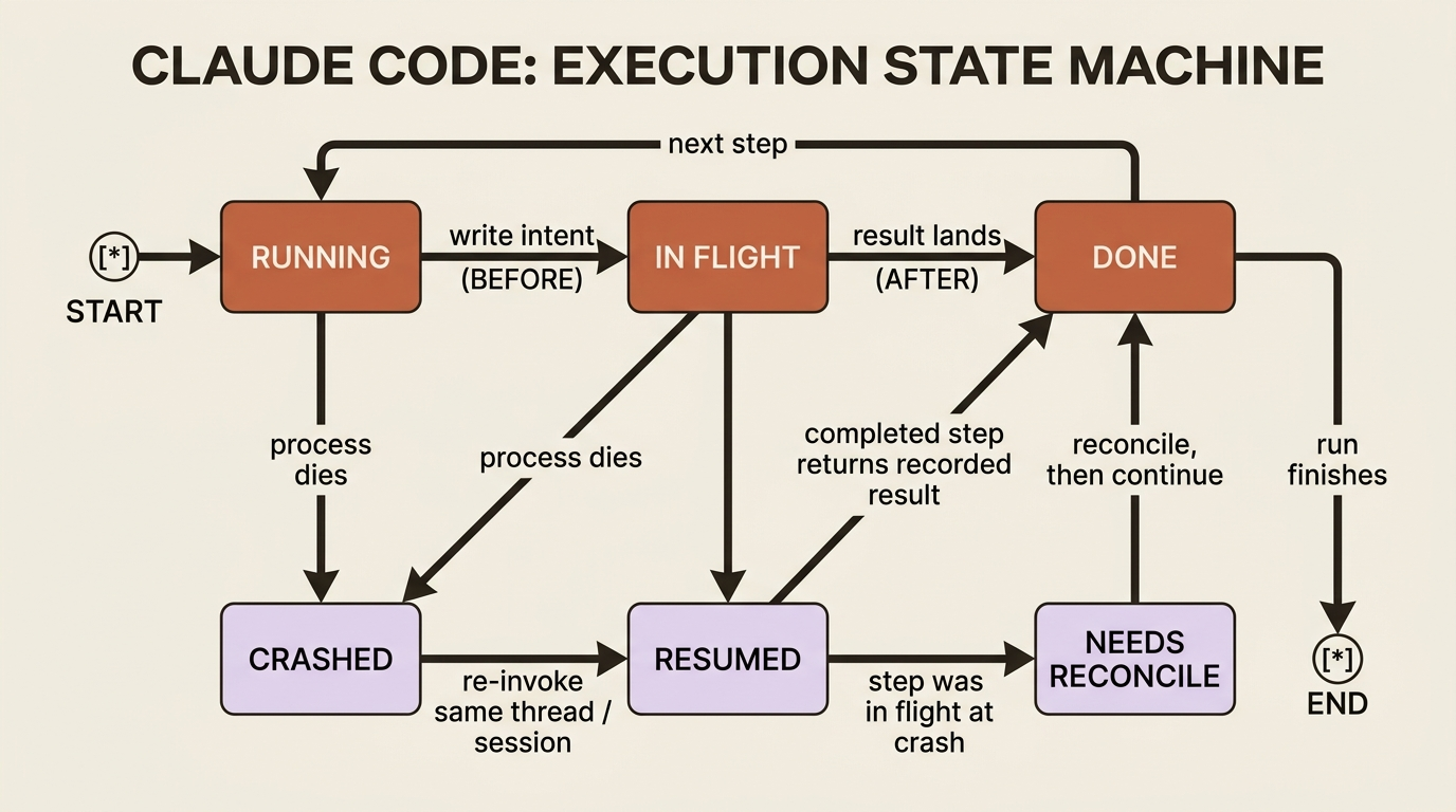 The checkpoint lifecycle: a step writes intent, then a result; a crash leaves it Done (safe to skip) or InFlight (must reconcile) on resume.