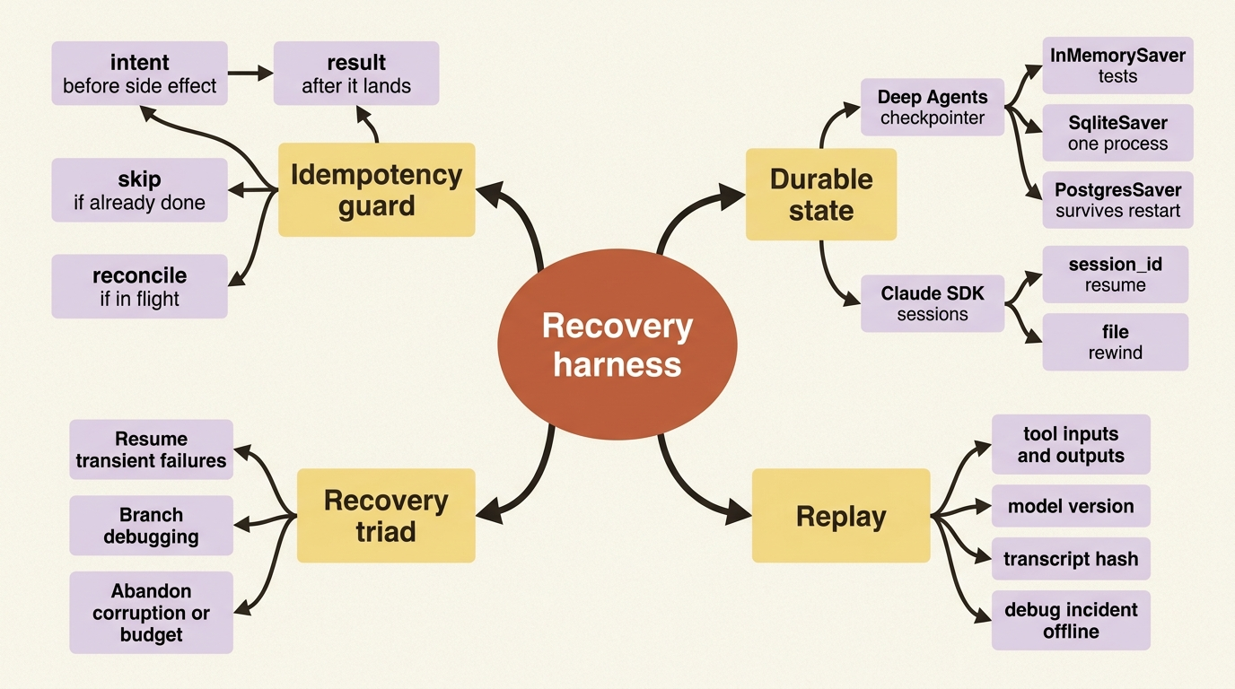 A mindmap of the recovery harness: the idempotency guard, durable state in each framework, the resume-branch-abandon triad, and replay.