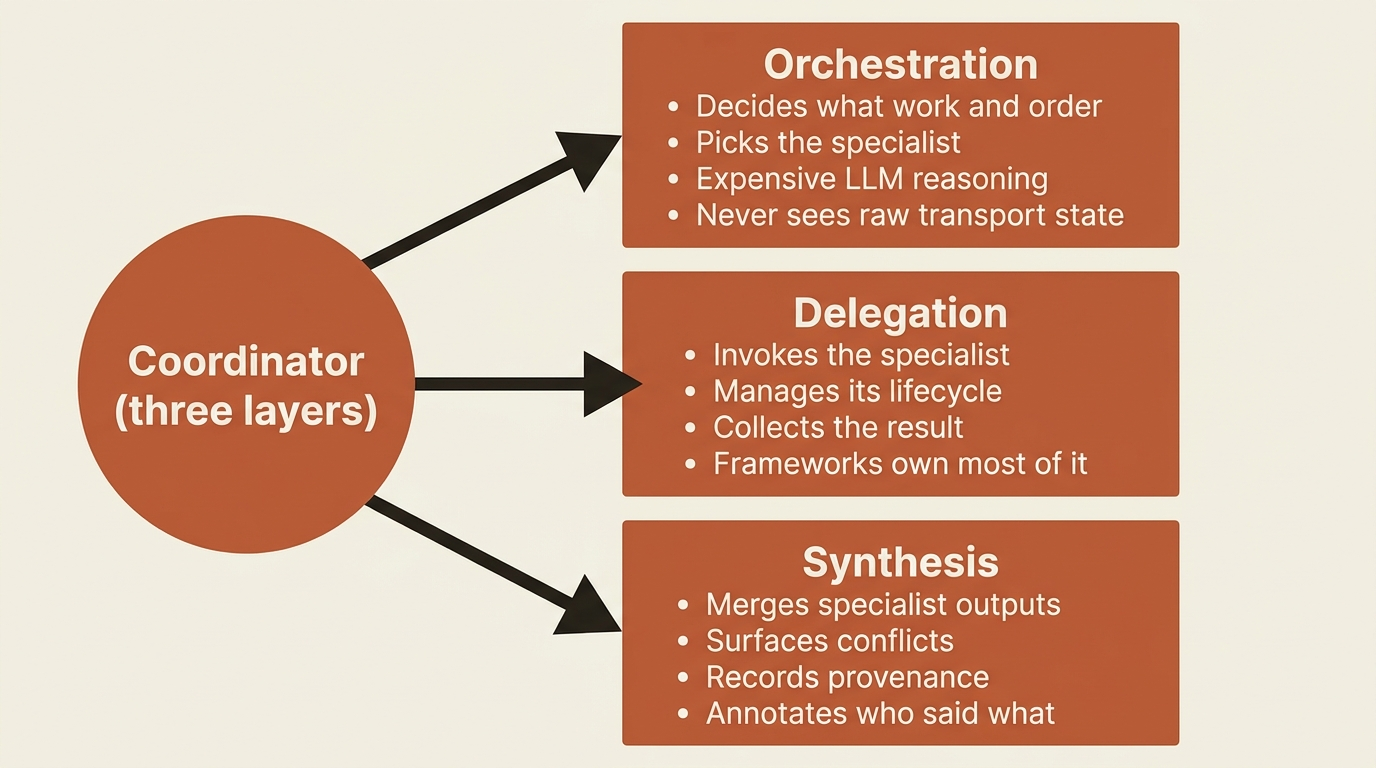 A mindmap of the coordinator's three layers: orchestration decides what work and order and picks the specialist; delegation invokes the specialist, manages its lifecycle, and collects the result; synthesis merges outputs, surfaces conflicts, and records provenance.