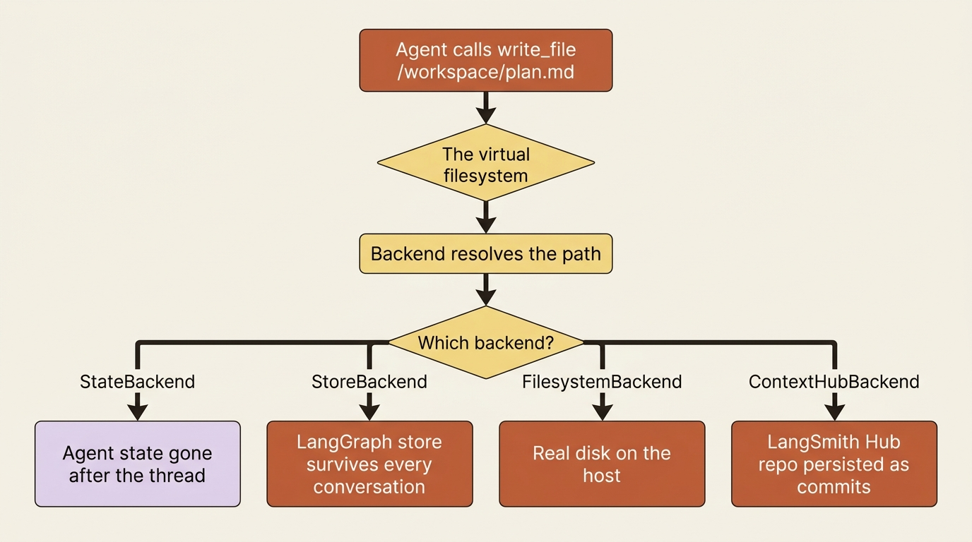 How a backend resolves an agent file write: the agent sees one virtual filesystem, but the backend routes the bytes to agent state, a LangGraph store, real disk, or a LangSmith Hub repo.