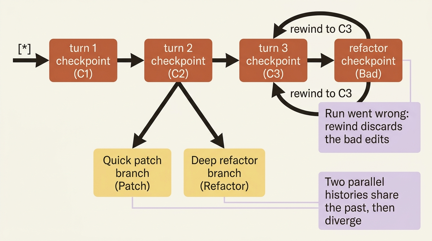 A state diagram showing a thread's checkpoint timeline, two branches forking from the same earlier checkpoint into a quick-patch path and a deep-refactor path, and a rewind arrow returning a bad run to an earlier checkpoint.