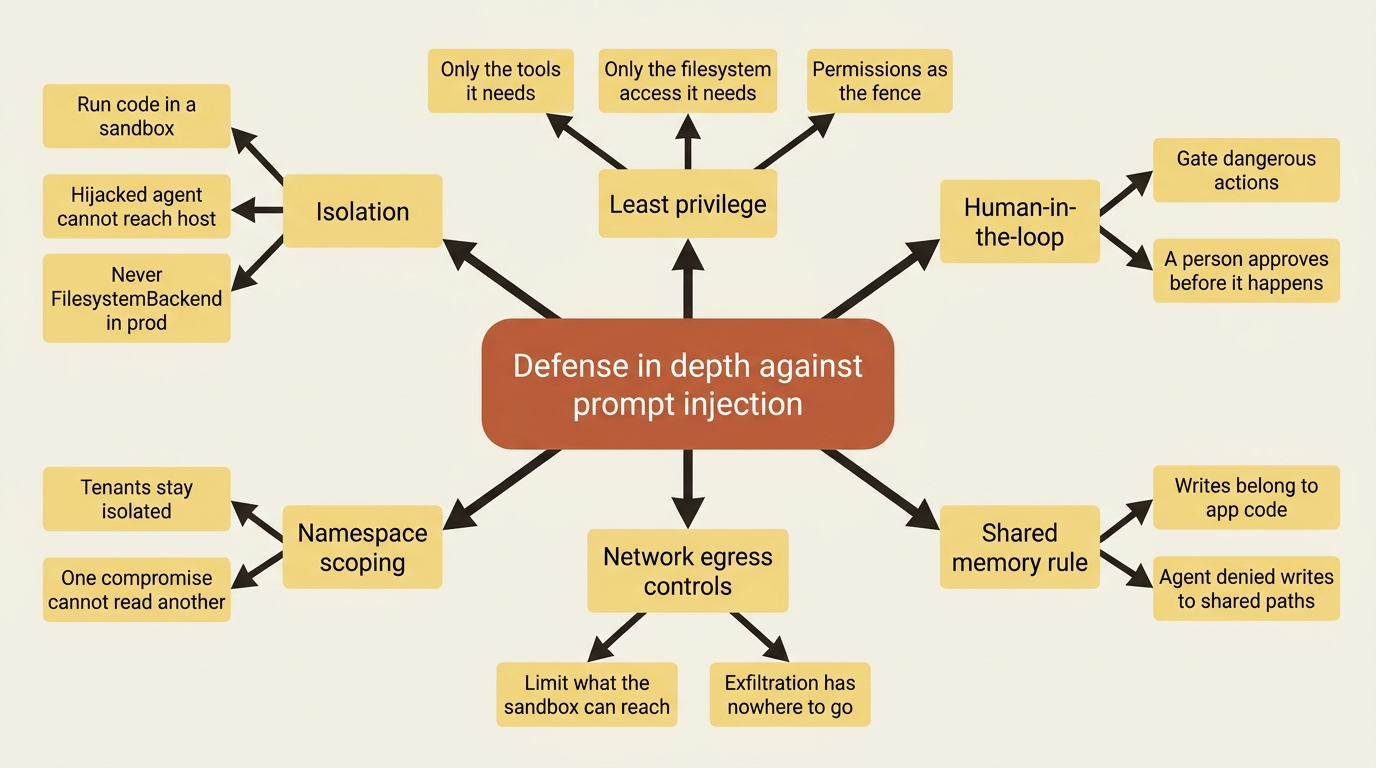 Defense in depth against prompt injection: isolation runs code in a sandbox, least privilege limits tools and filesystem access, human-in-the-loop gates dangerous actions, namespace scoping isolates tenants, network egress controls block exfiltration, and shared-memory writes belong to app code, not the agent.