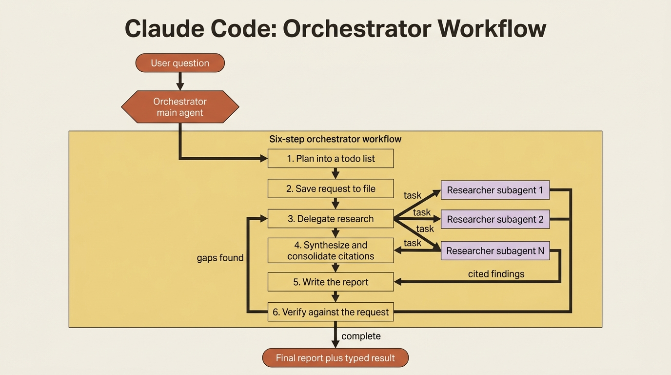A research agent split into an orchestrator that runs a fixed six-step workflow and disposable researcher subagents that each search the web in isolated context and return cited findings.