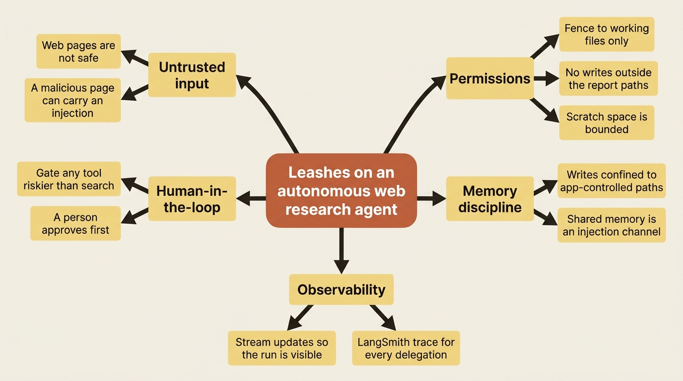 A layered defense around an autonomous web research agent: untrusted web content, then permission fencing, then human-in-the-loop gating, then app-controlled memory paths.