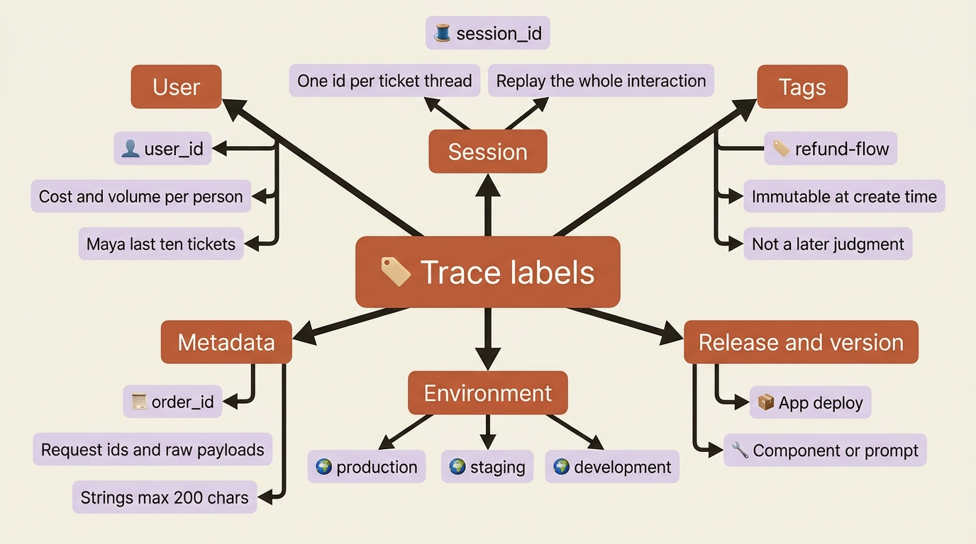 A mindmap of the labels you hang on a Langfuse tree: user, session, tags, metadata, environment, plus release and version.
