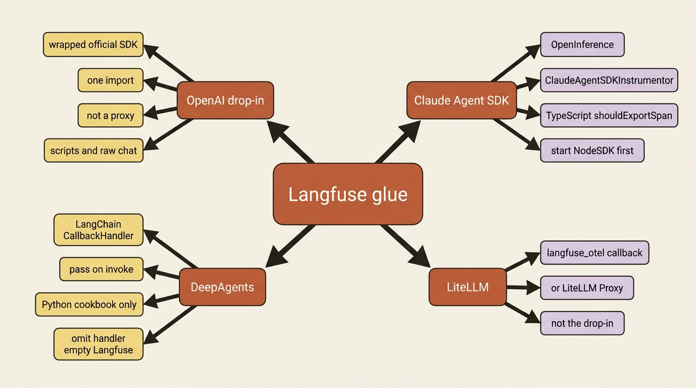 The Langfuse-specific object on each path: one import, one instrumentor, one callback, and LiteLLM as a separate gateway.