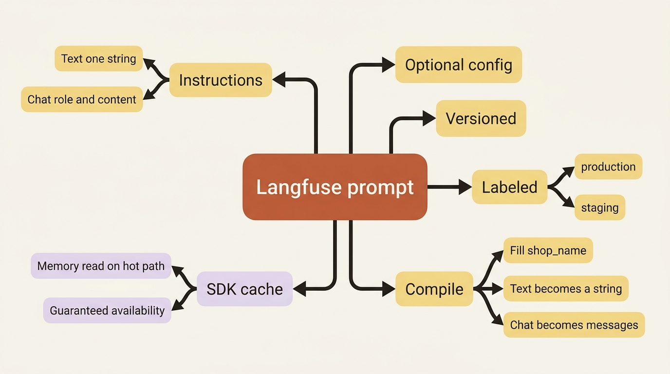 A Langfuse prompt is more than a string: instructions, optional config, versions, labels, a client cache, and compile-time variables.