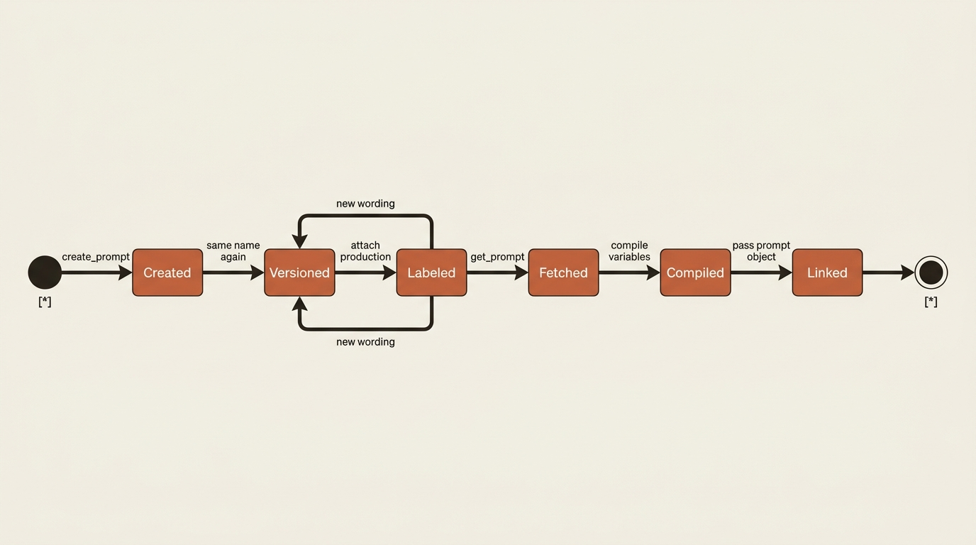 A prompt starts as a create, then versions, labels, fetches, compiles, and links. A new wording loops back to a new version.