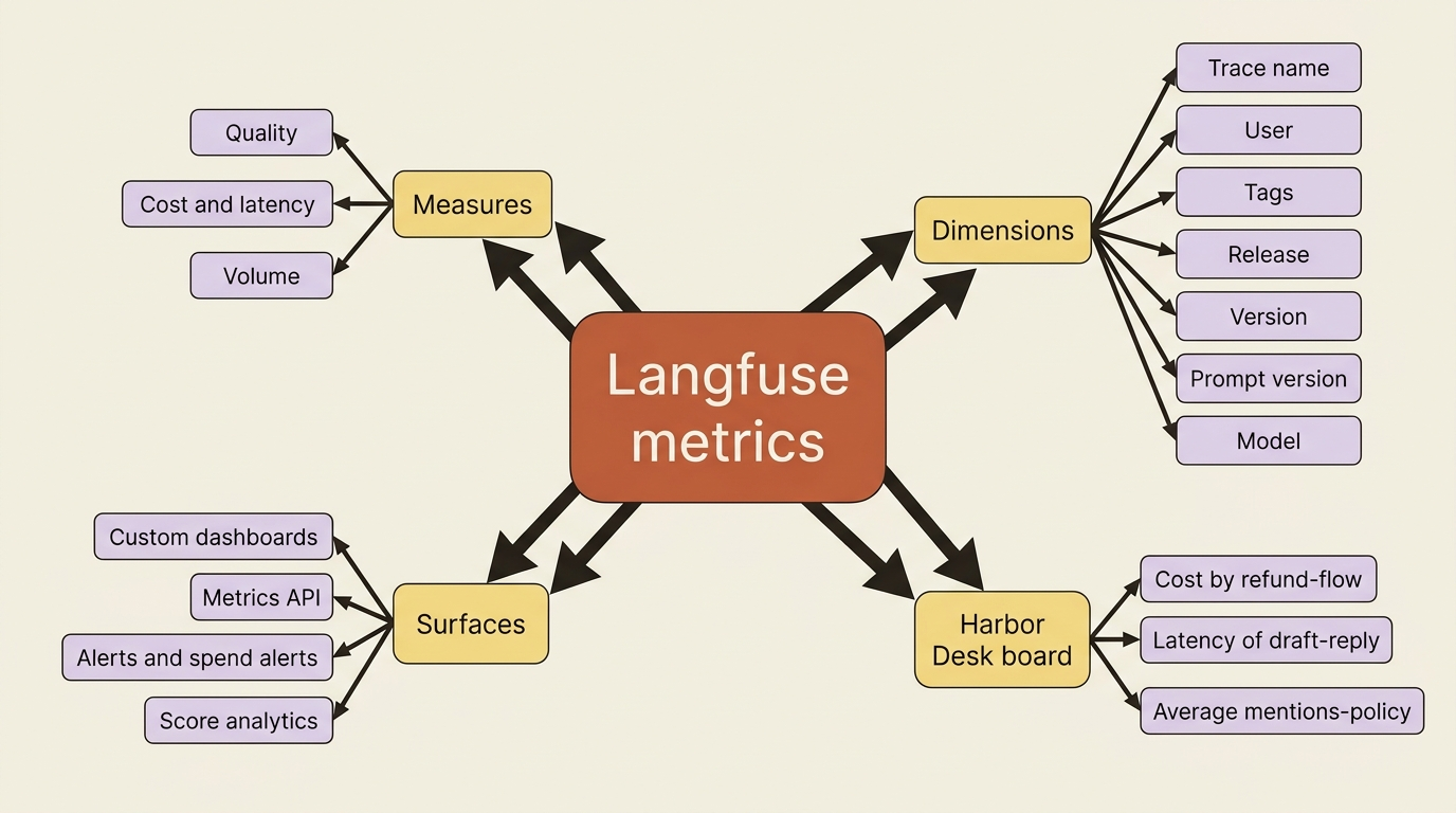 Langfuse metrics sit on three measures and a handful of dimensions. Dashboards, the Metrics API, alerts, and score analytics are different windows on the same tree.