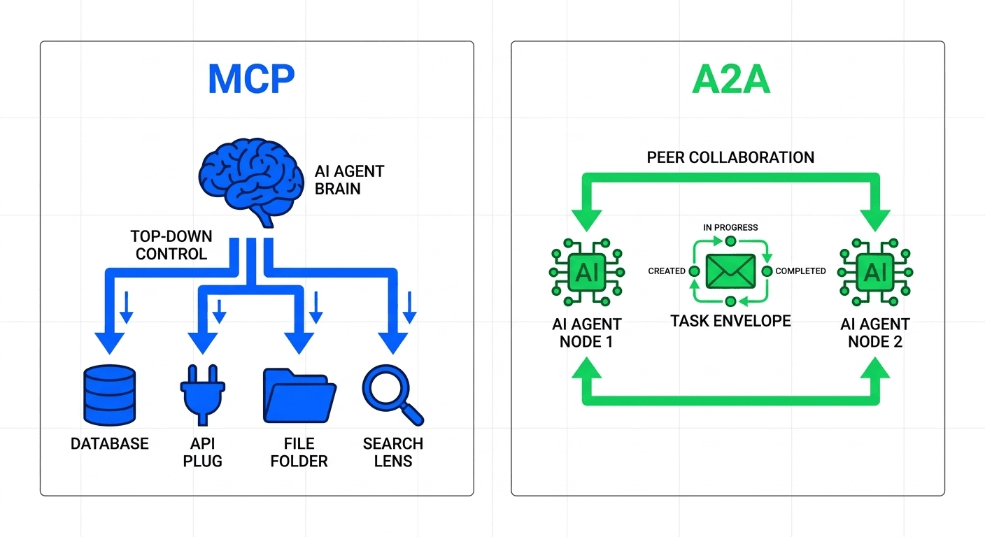 AI Agents communication layers: MCP as vertical agent-to-tool hierarchy vs A2A as horizontal peer-to-peer agent collaboration