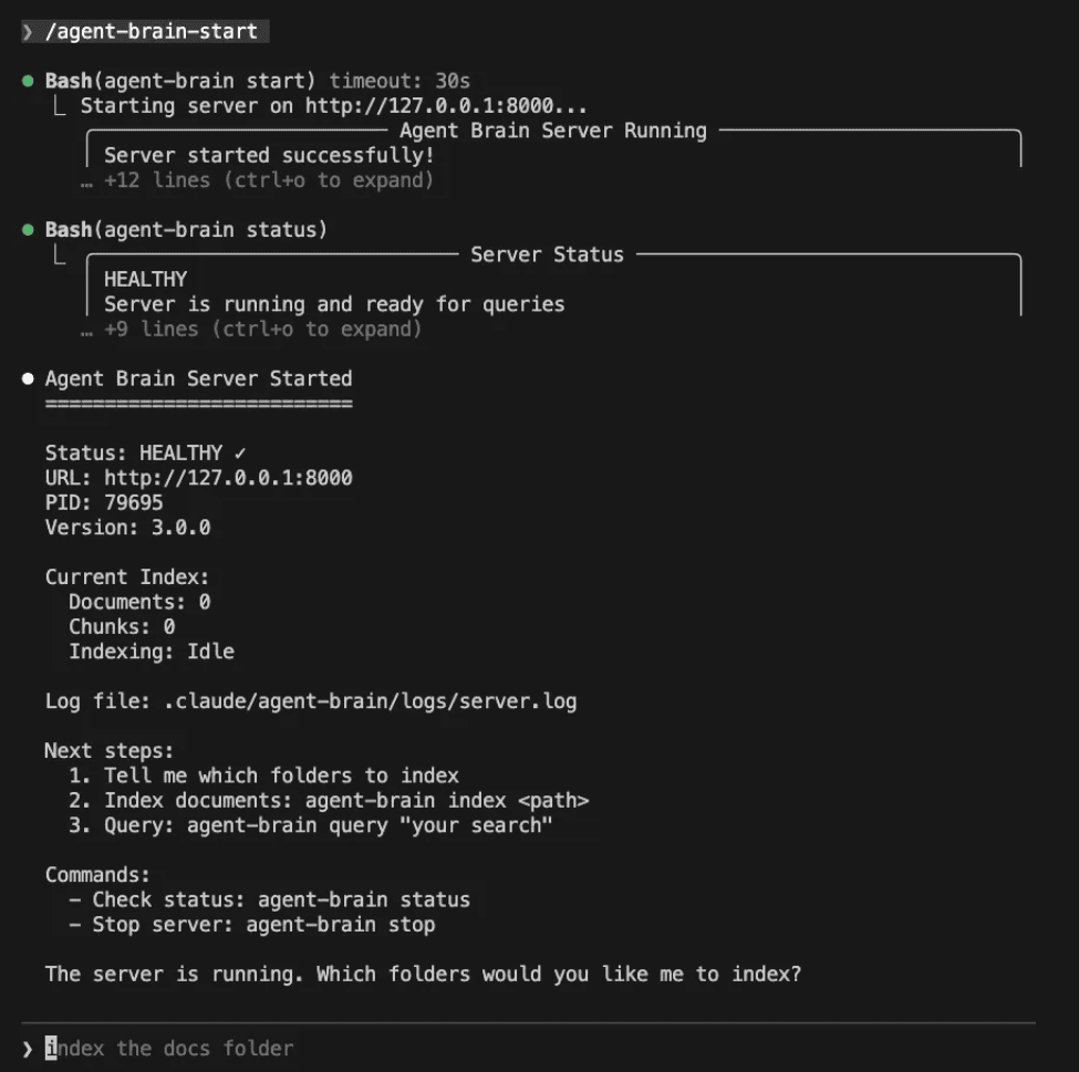agent-brain-start starts the server