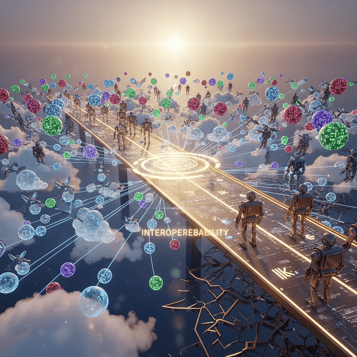 Futuristic visualization of AI agents from different frameworks converging through shared protocols toward interoperability