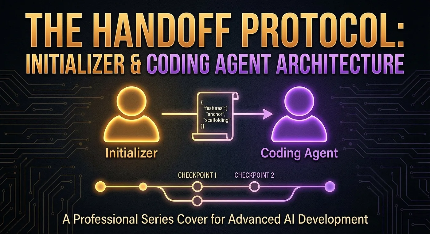 Harness Engineering: Two-agent harness architecture with Initializer and Coding Agent, JSON feature list anchor, git checkpoints, Anthropic coding patterns