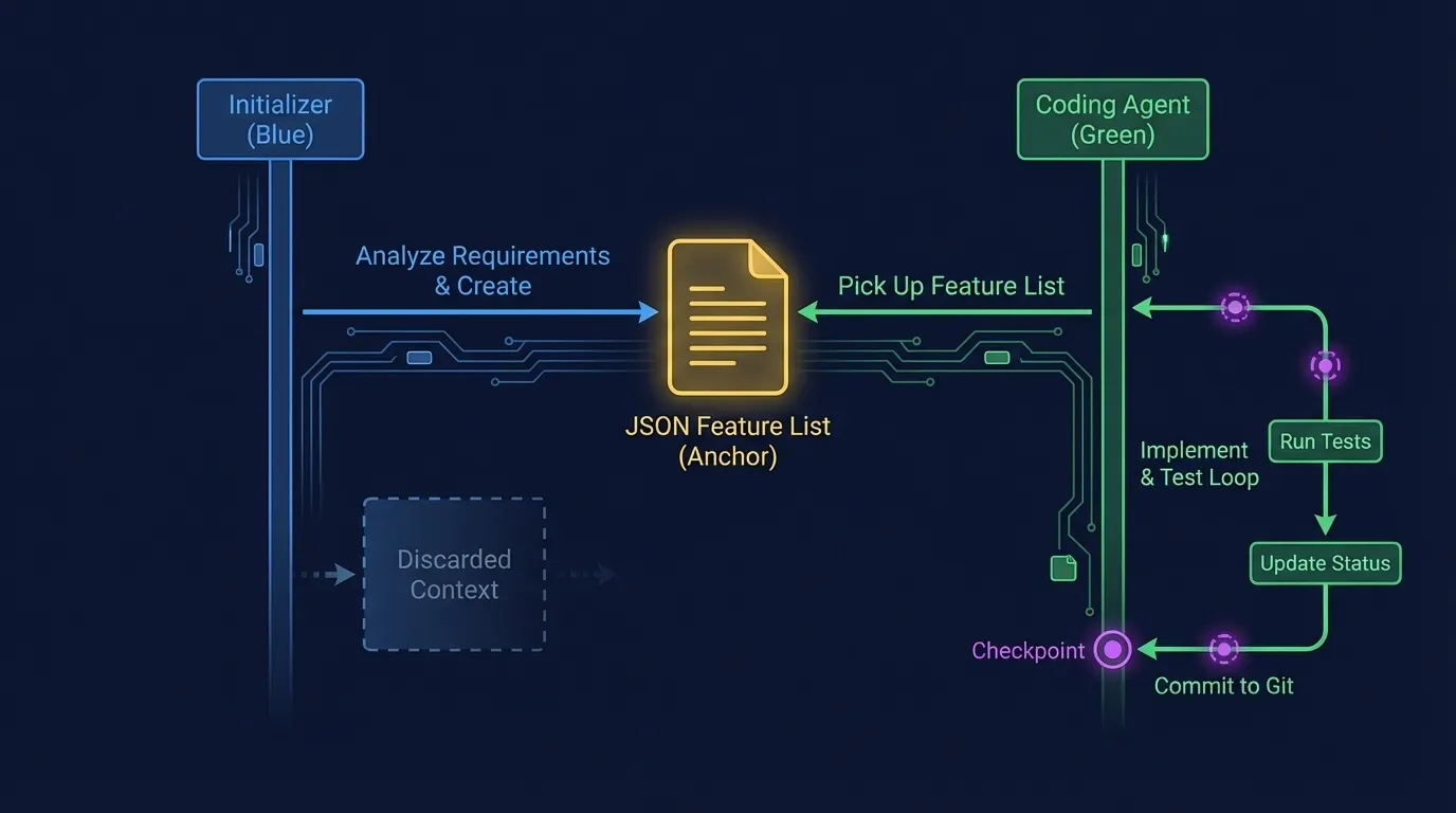 Harness Engineering: Two-agent sequence: Initializer analyzes requirements and creates JSON feature list, then Coding Agent iterates through features with test verification and git commits
