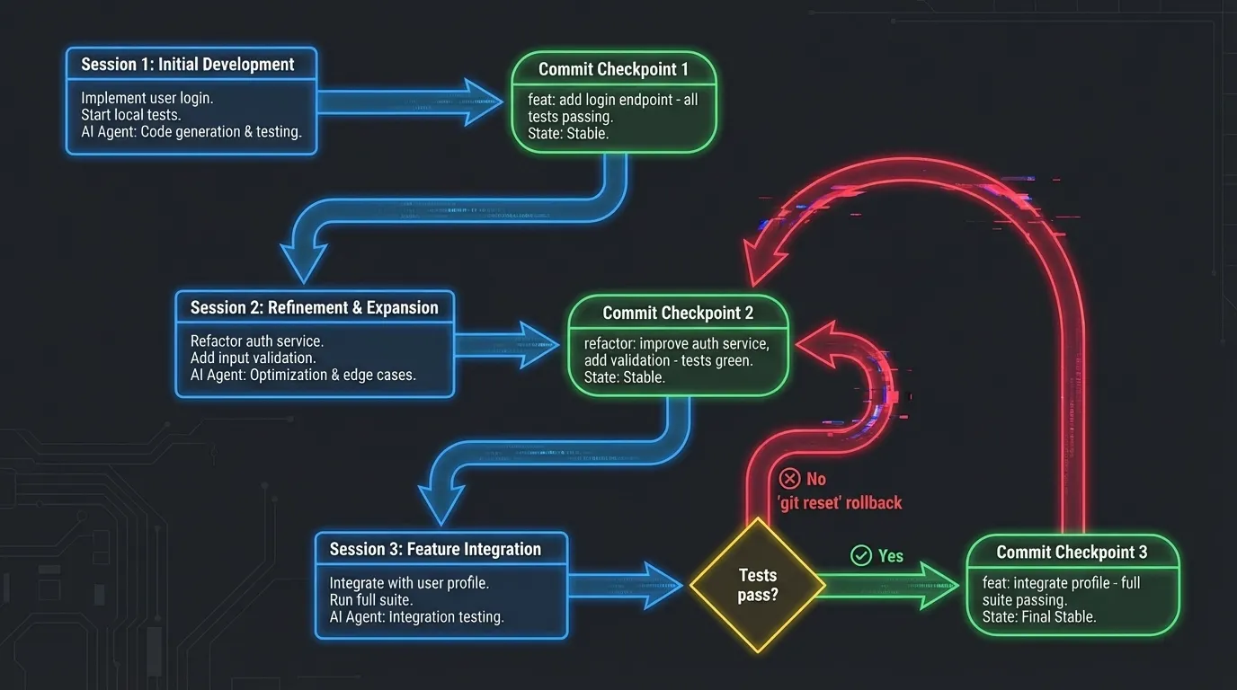 Harness Engineering: Commit discipline flow: each coding session produces a tested commit checkpoint, with git reset rollback safety when tests fail