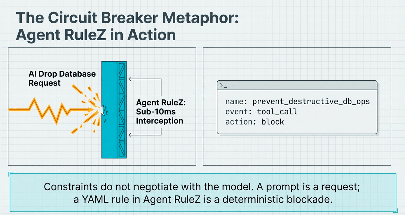 Agent RuleZ can block actions and prevent problems. Unlike Markdown rules which are strong suggestions or CLAUDE.md or AGENTS.md, Agent RuleZ takes action.