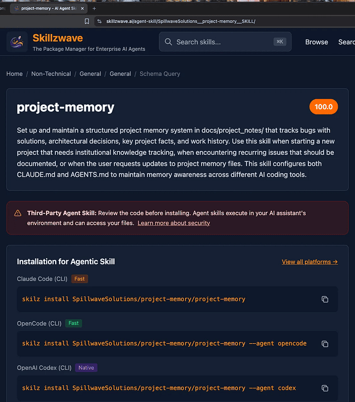 Viewing project-memory in the skillz marketplace with install instructions for various coding agent platforms