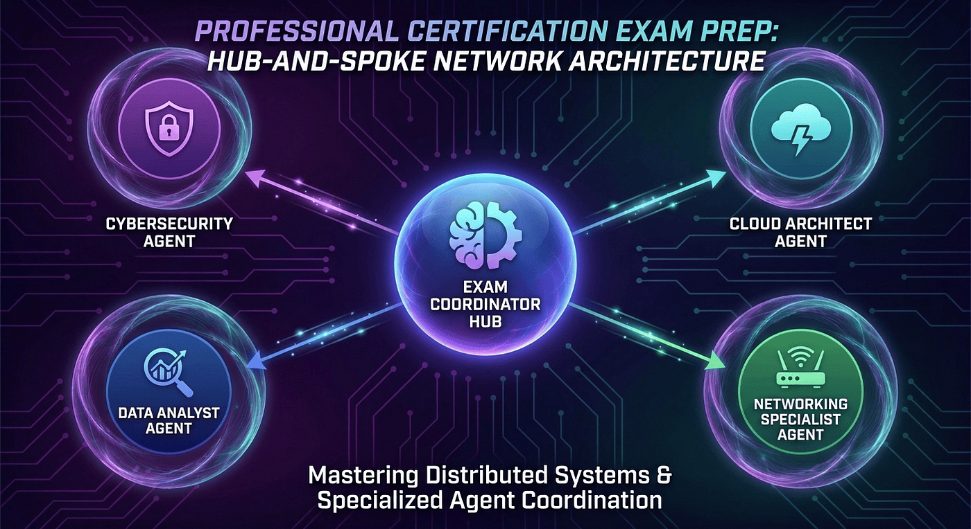 CCA exam multi-agent research system — hub-and-spoke coordinator architecture with context isolation barriers, dark background with purple and teal accents