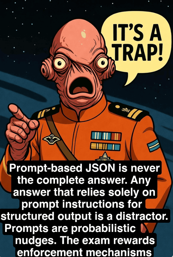 CCA Exam: Prompt-based JSON is never the complete answer. Any answer that relies solely on prompt instructions for structured output is a distractor. In the words of Admiral Ackbar: “It’s a trap”.