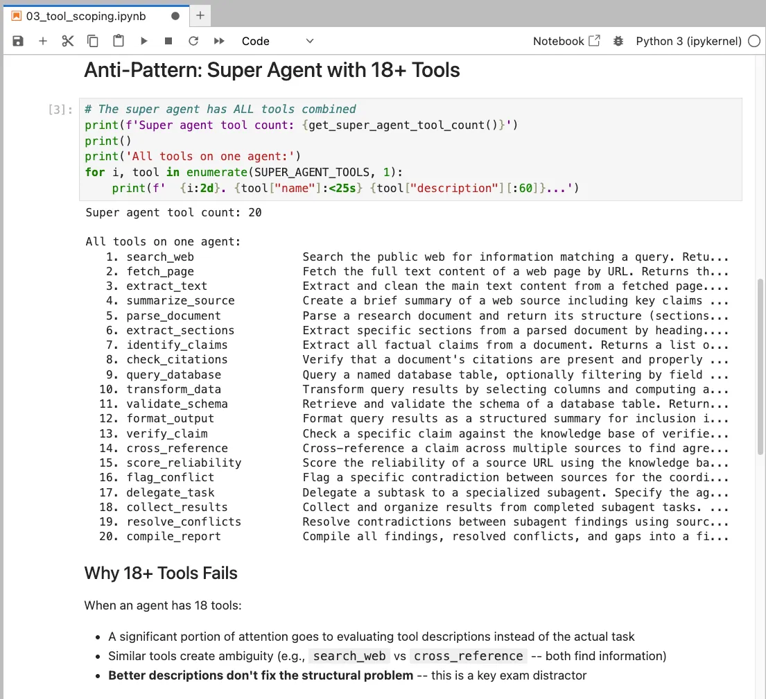 Three anti-patterns: tool overload on one super agent, context leakage to subagents, and silent null failures