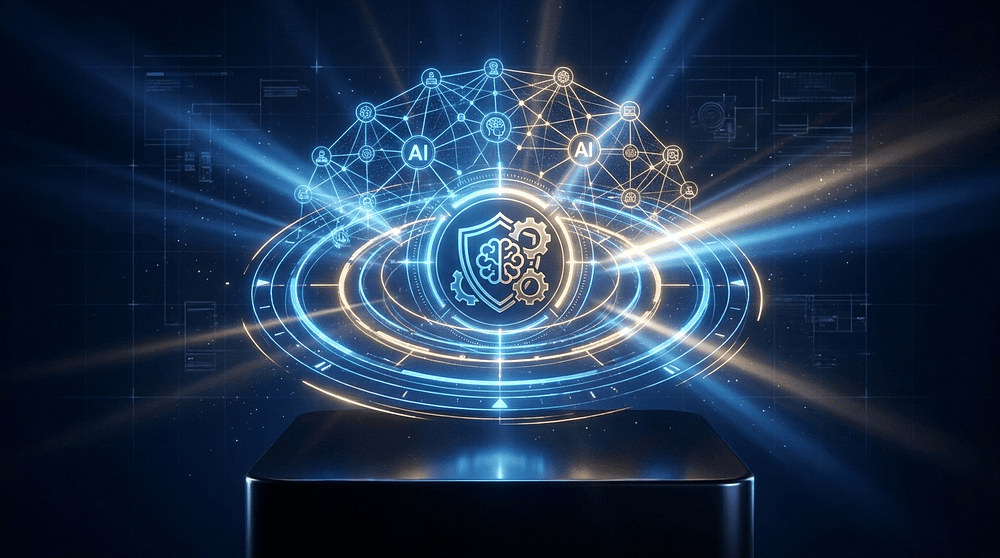Claude CCA-F, AI certification architecture: glowing agent-network blueprint with five domain rings orbiting a central certification emblem