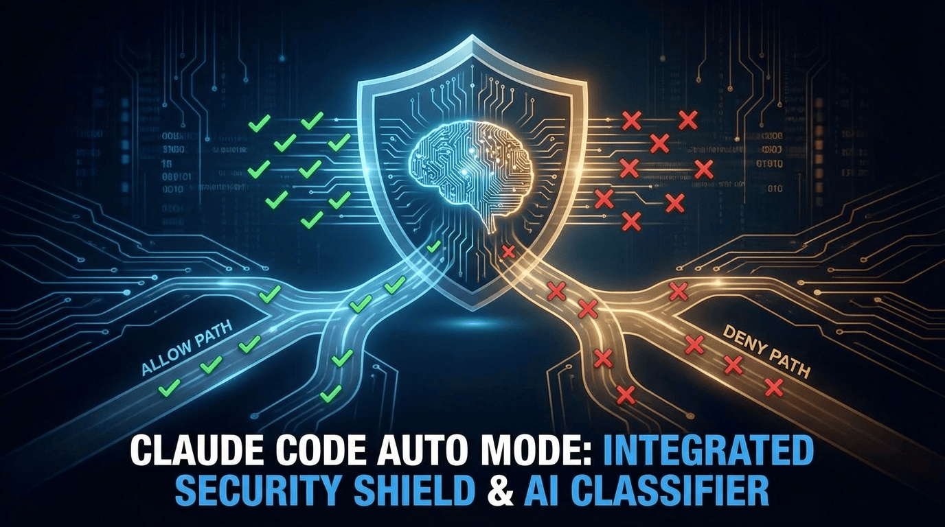 Claude Code Auto Mode AI classifier shield approving and blocking developer tool calls with blue and amber security tones