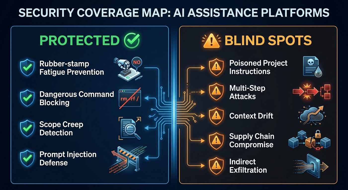 Claude Code Auto Mode security coverage map showing protected categories including prompt injection defense and classifier blind spots including multi-step attacks and context drift