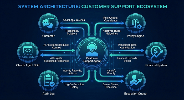 CCA Exam: Customer Support Agent architecture showing central agent connected to Policy Engine, Financial System, Escalation Queue, Audit Log, and Customer