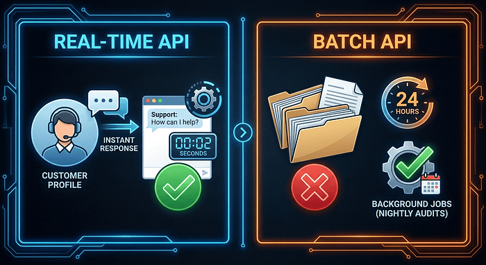 Anthropic CCA Exam: Real-Time API vs Batch API comparison: left panel shows instant chat response for live support, right panel shows 24-hour processing for background jobs