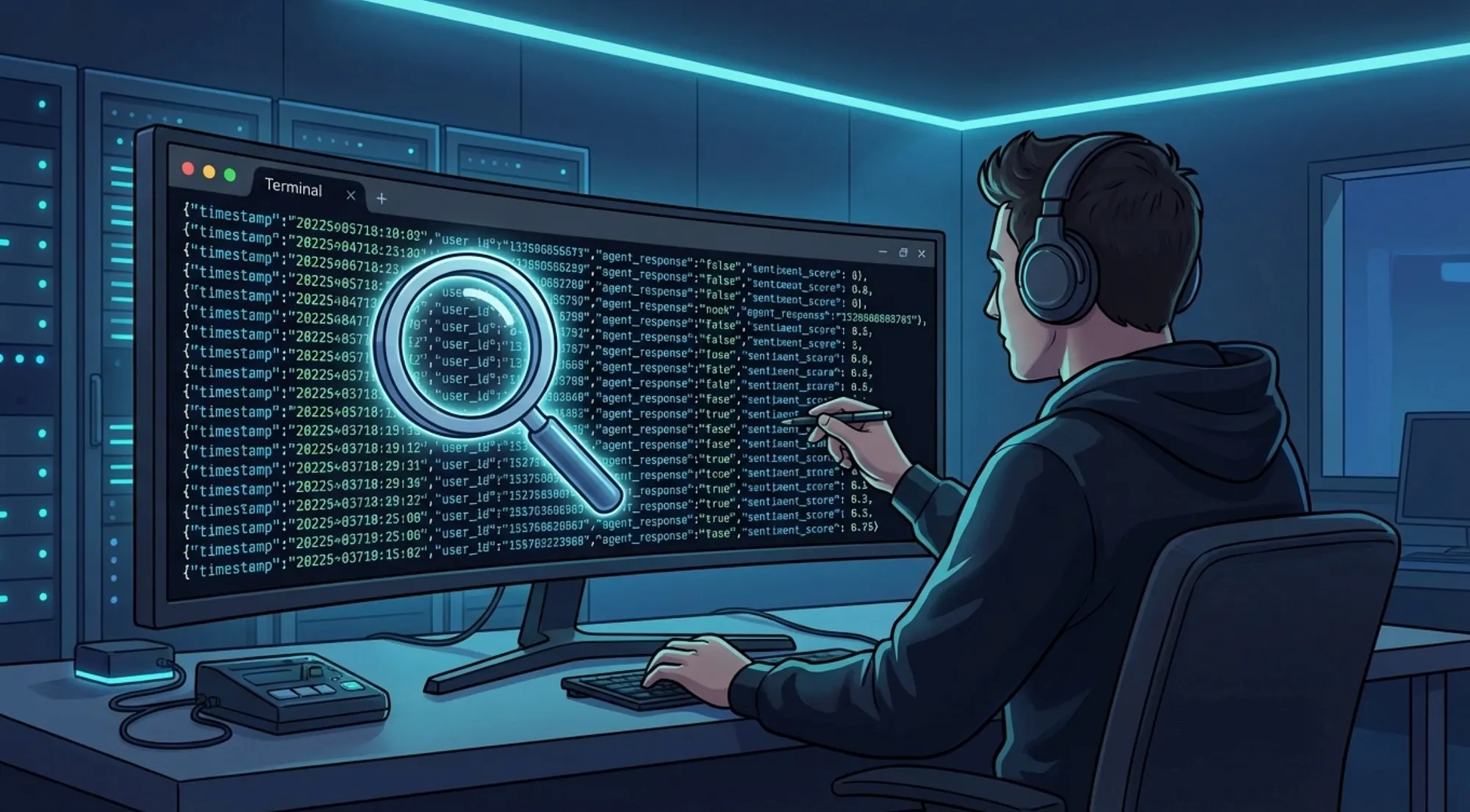 Developer examining JSONL transcript data from AI agent conversations for debugging — Claude Code Subagents