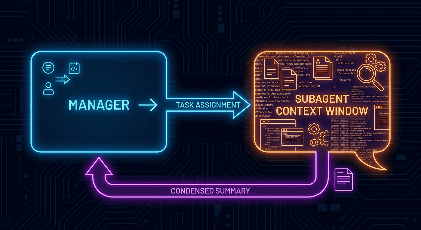 AI Agents context isolation: a manager session stays clean while a subagent does file exploration in an isolated scratch-pad context window. This is the convergent core primitive shared by all four CLIs.