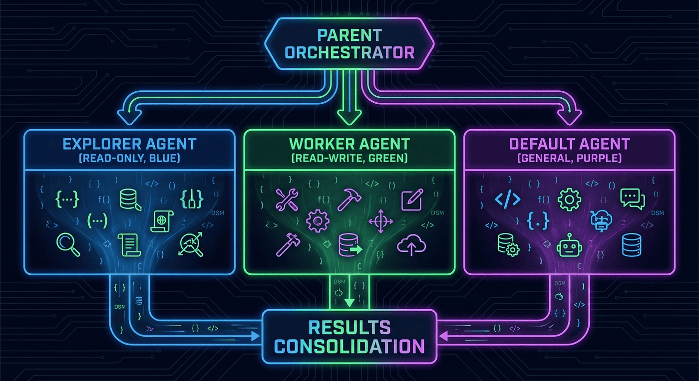 Explorer, Worker, and Default subagents running in parallel lanes with parent orchestrator at top merging results at bottom