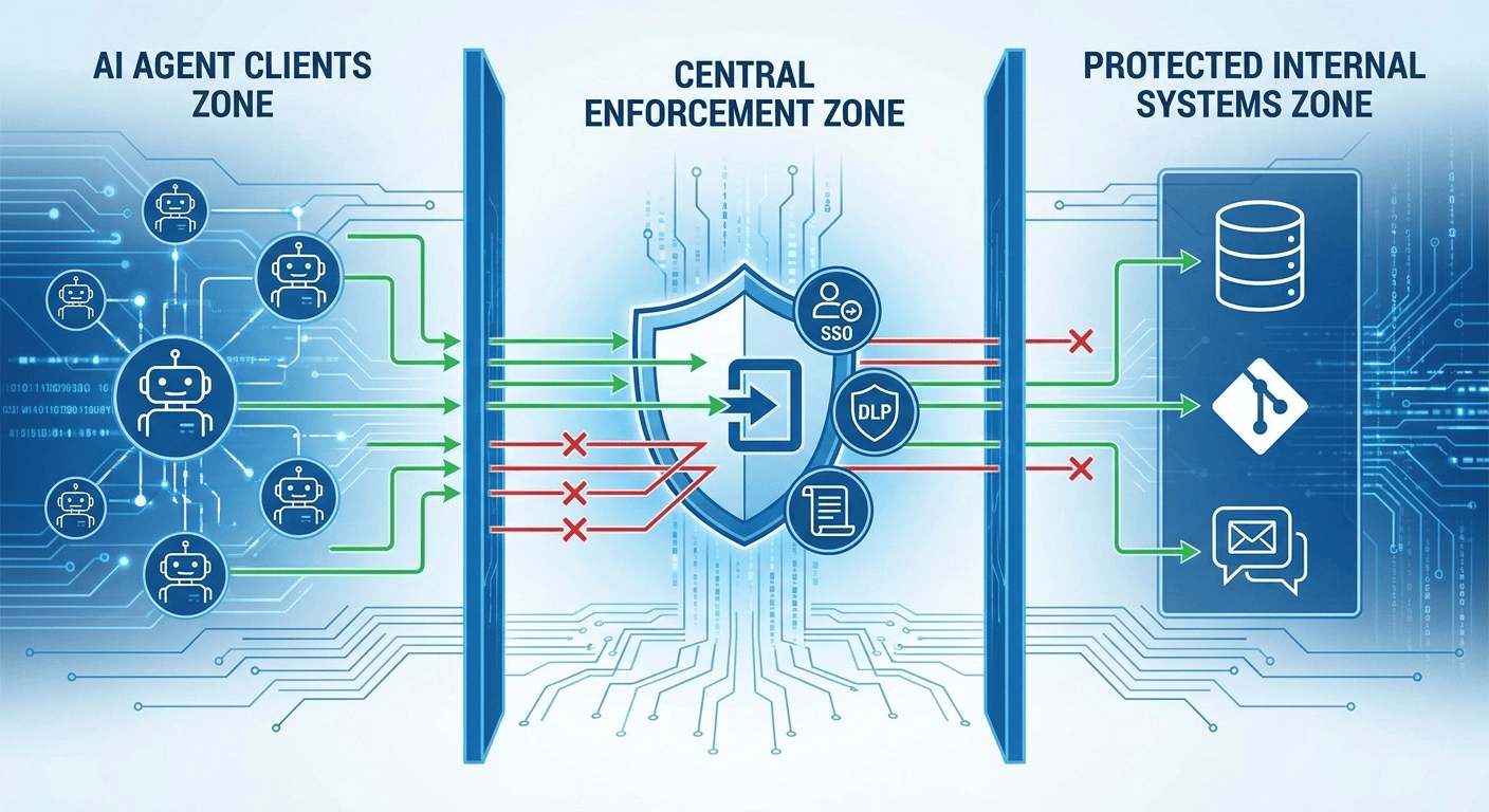 MCP gateway enforcing role-based access with SSO, DLP guardrails, and audit logging between AI agents and internal systems