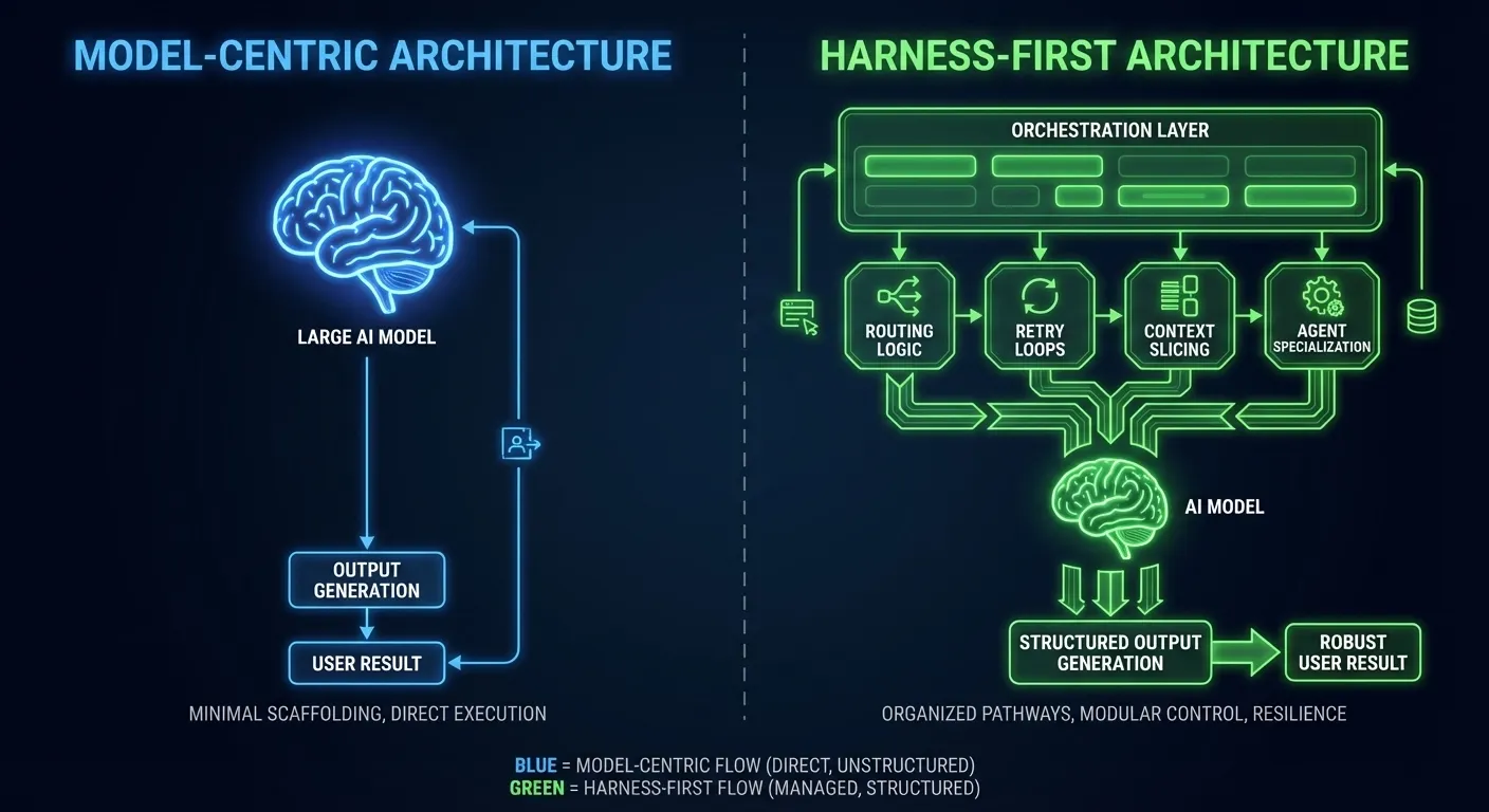 Side-by-side comparison showing thin model-centric architecture versus structured harness-first AI agent orchestration layers, illustrating Agentic AI design philosophy
