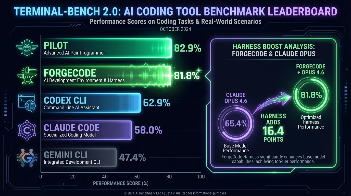 Bar chart showing ForgeCode at 81.8% leading Codex CLI at 62.9%, Claude Code at 58%, and Gemini at 47.4%, with a callout showing the AI agent harness adds 16.4 points over standalone model performance. See Caveat, whie is still beats Codex, Claude Code and Gemini CLI, it drops do to a caveat.