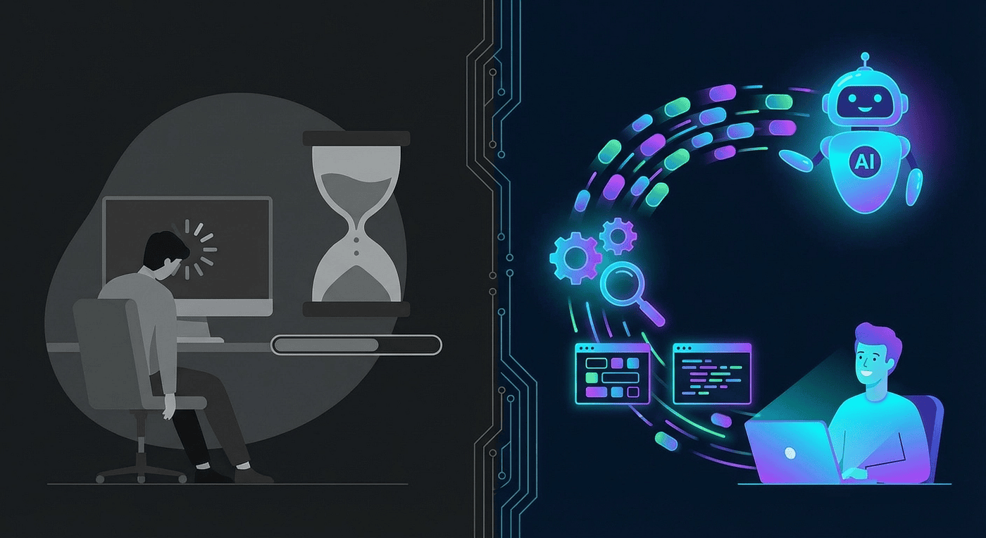 Comparison of traditional AI response waiting versus real-time streaming with colorful token flow