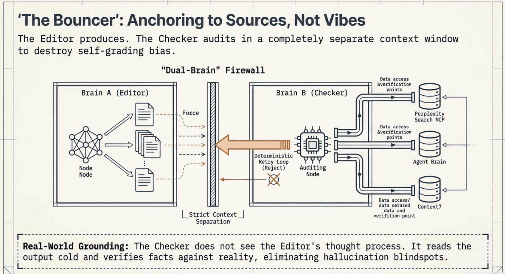 Editor agent produces output reviewed by an independent checker agent — with retry loops on failure and human escalation for unresolved issues — illustrating the AI Agents quality validation pattern.