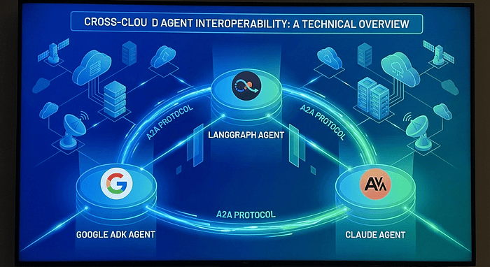 Cover image showing AI agents communicating across cloud platforms via the A2A protocol, with interconnected nodes representing Google ADK, LangGraph, and Claude frameworks