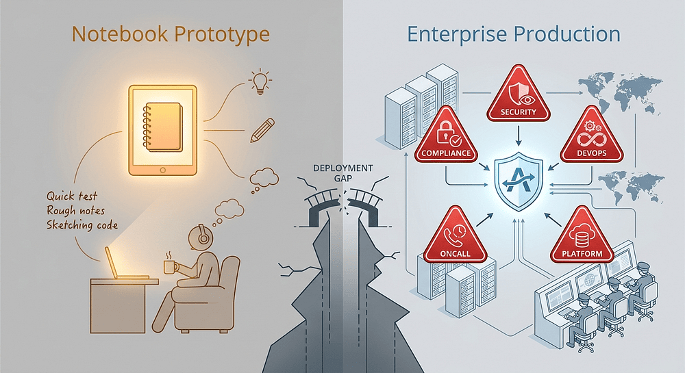 Split diagram showing warm Jupyter notebook prototype on left versus cold enterprise production environment with Compliance, Security, DevOps, Oncall, and Platform barriers on right