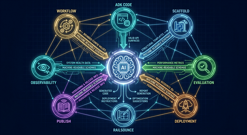 Seven Agents-CLI skill modules: Workflow, ADK Code, Scaffold, Evaluation, Deployment, Publish, and Observability, sending machine-readable context streams to a central AI coding assistant