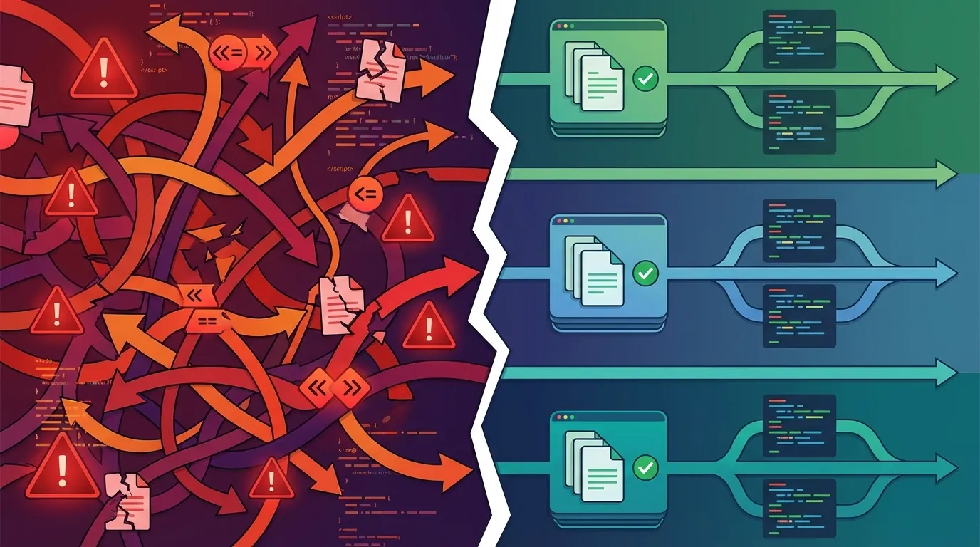 Before and after: chaotic merge conflicts vs organized parallel worktrees