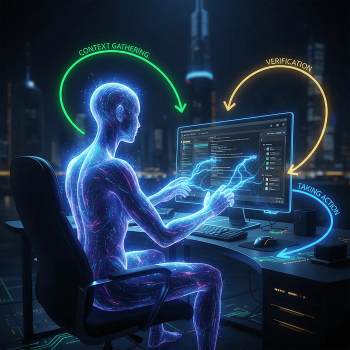 AI agent at developer workstation with glowing pathways representing terminal access, file system operations, and network connectivity