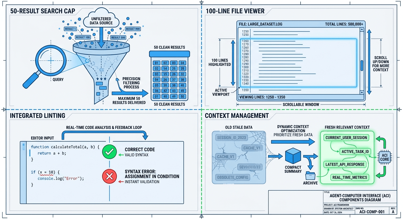 Blueprint diagram of the four ACI components: 50-result search cap, 100-line windowed file viewer, integrated linting for instant error feedback, and context compression for clean working memory