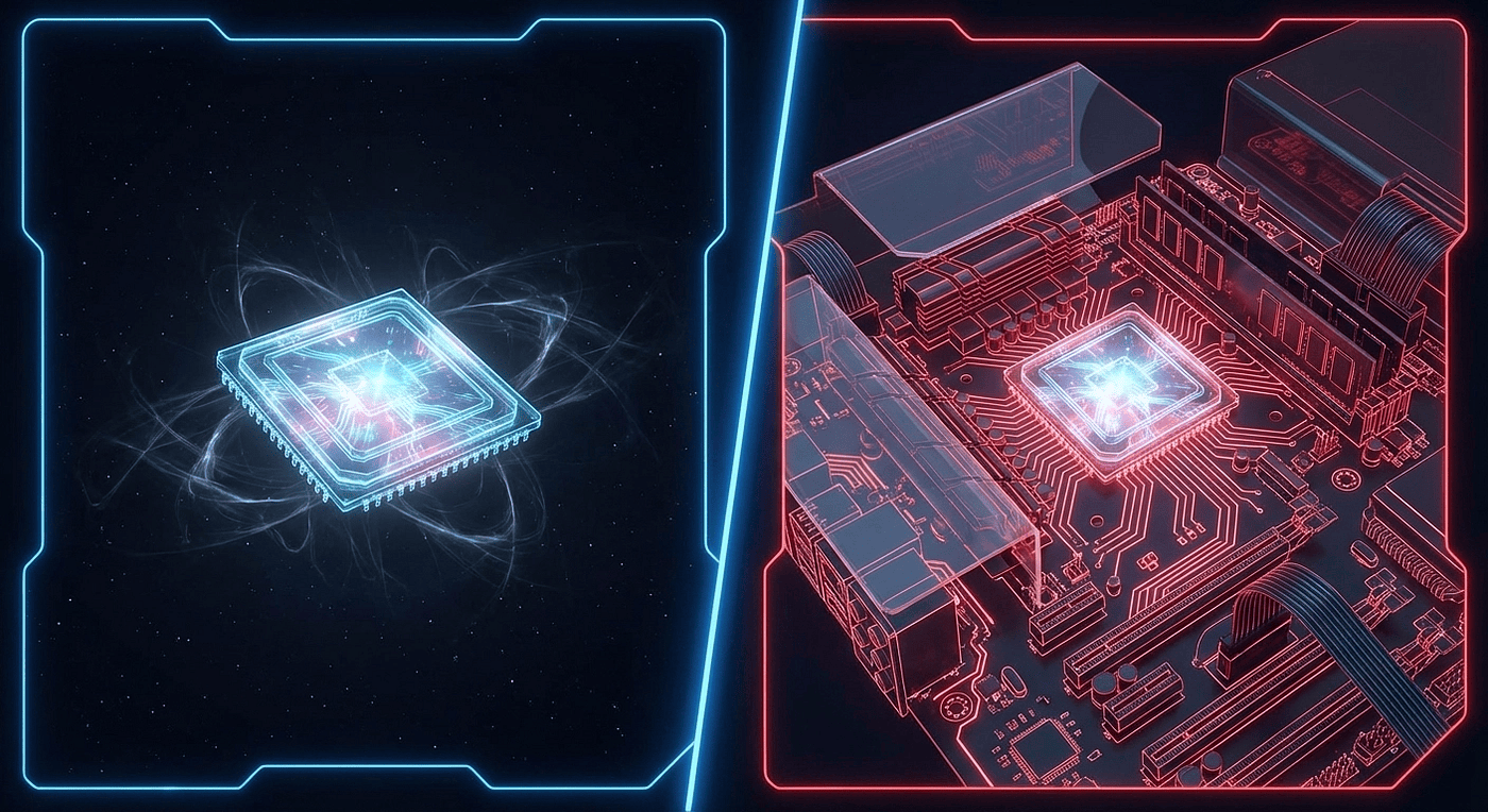 The model is the CPU, the harness is the OS. An isolated CPU chip representing raw model power alongside the same chip embedded in a full motherboard system representing harness engineering.