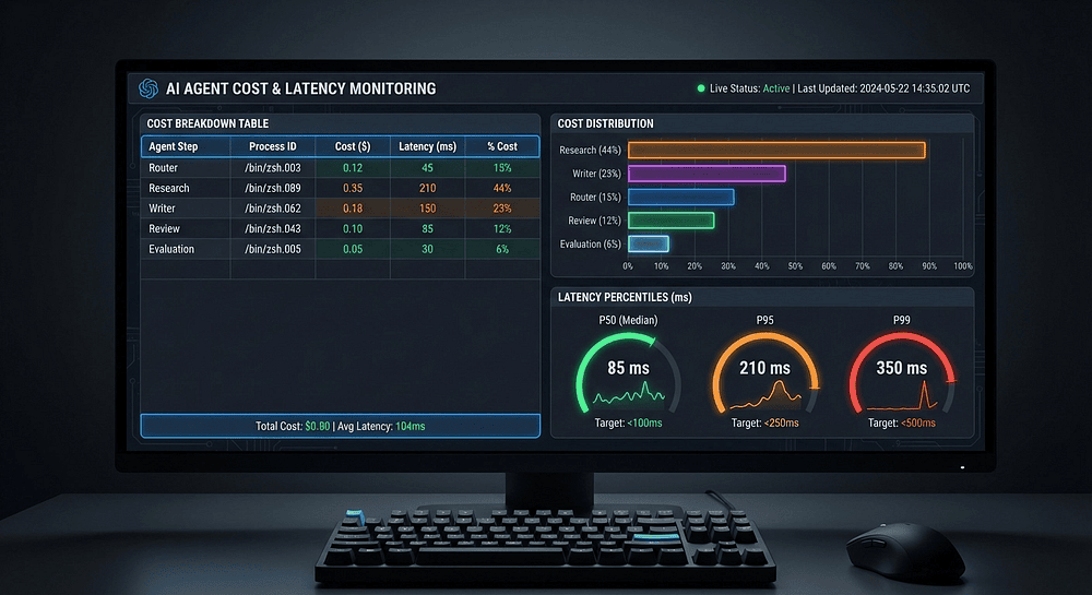 LangFuse: Agent cost and latency monitoring dashboard showing per-step breakdown across router, research, writer, and review agents