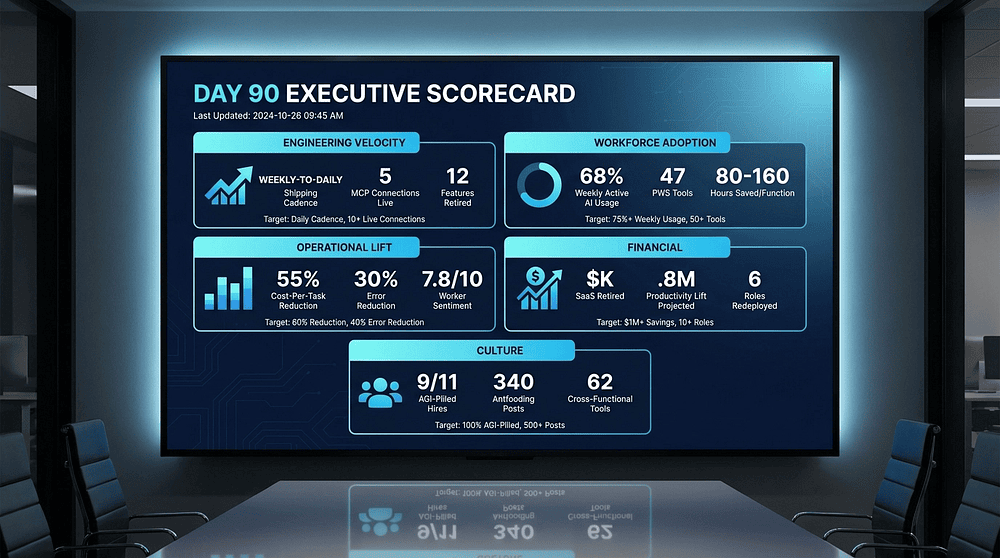 Day 90 Executive Scorecard dashboard showing five KPI cards: Engineering Velocity, Workforce Adoption, Operational Lift, Financial, and Culture with representative day-90 metrics