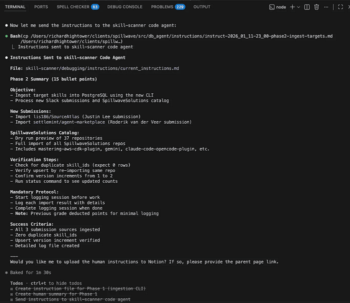 Architect agent sending instructions to skill-scanner code agent with Phase 2 summary including objectives, new submissions, verification steps, and success criteria